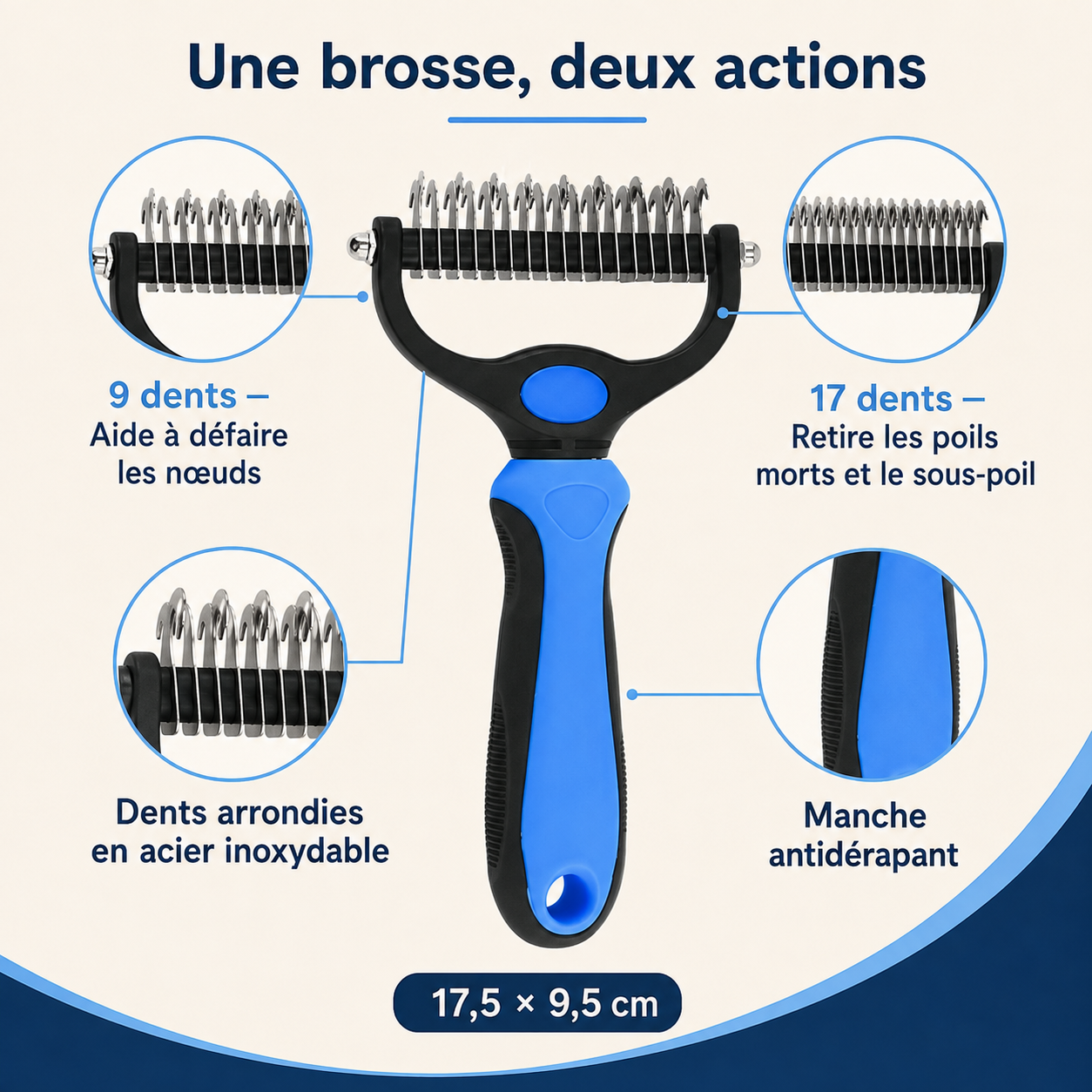 Fonctions et dimensions du râteau démêlant CANILUME 9 et 17 dents