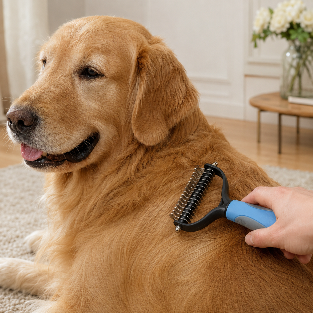 Utilisation du râteau démêlant CANILUME sur un Golden Retriever