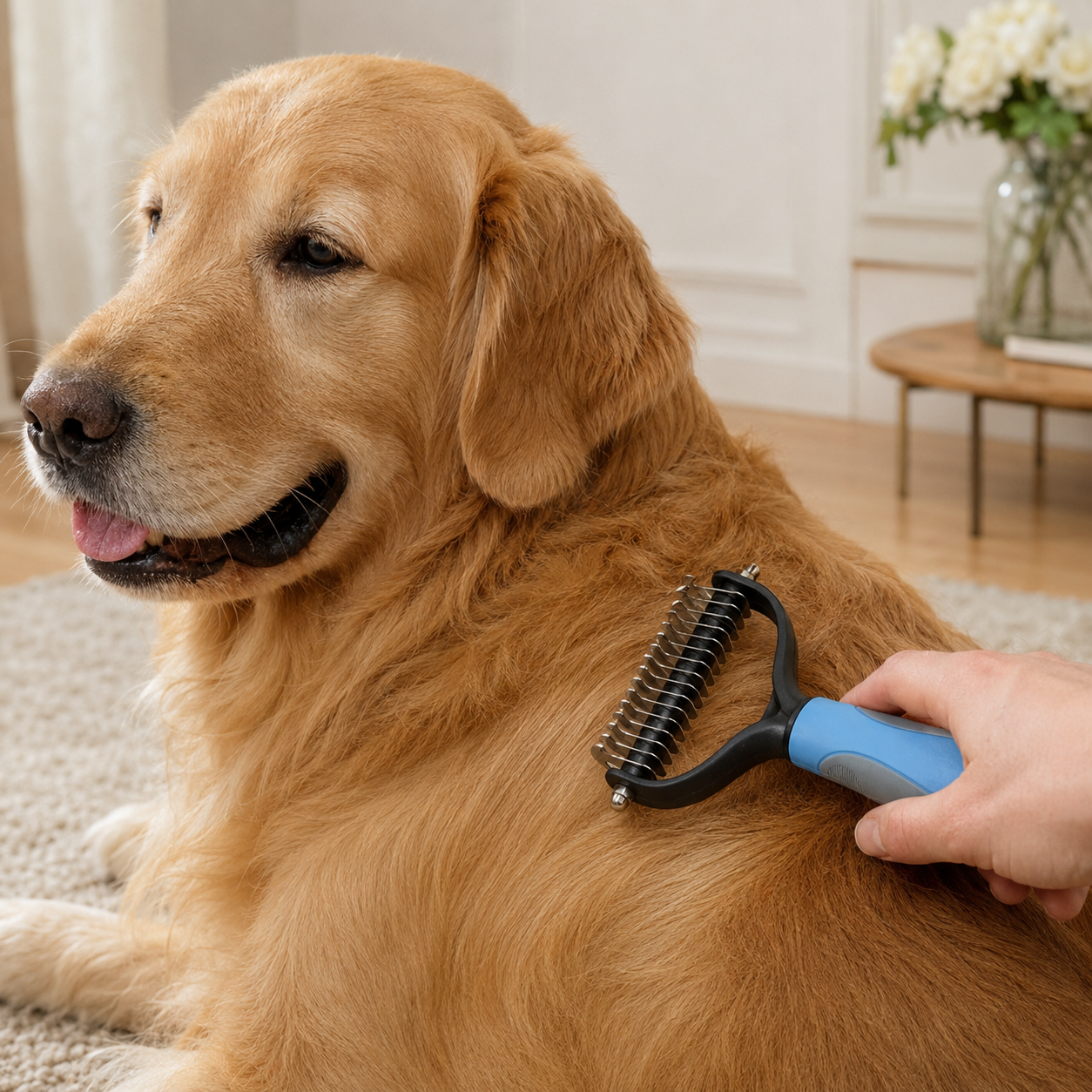 Utilisation du râteau démêlant CANILUME sur un Golden Retriever