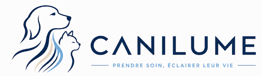 Logo CANILUME avec chien, chat et slogan Prendre soin, éclairer leur vie